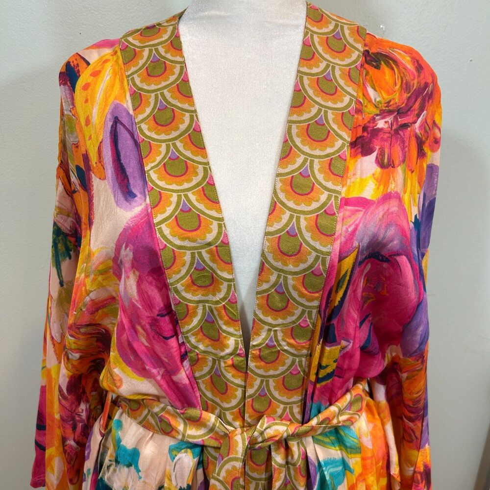 Powder Floral Bright Graphic Kimono Robe Soft Viscose/Pockets Belt OS - Picture 5 of 11